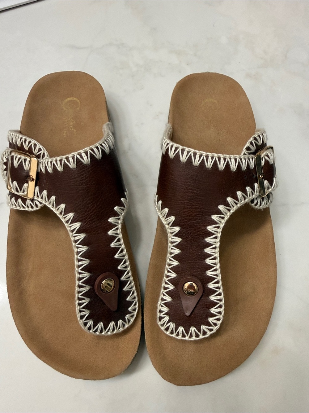 Cato Brown Leather Thong Sandals with White Stitching